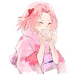  1girl closed_eyes eating floral_print floral_print_kimono flower food hair_flower hair_ornament haruno_sakura highres holding holding_food japanese_clothes kimono light_blush naruto_(series) obi parted_bangs pink_hair pink_kimono print_kimono red_flower sash short_hair solo steamed_bun upper_body white_background yunizhongyaoye 