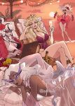  angel angel_wings beach bikini black_eyes black_hair blonde_hair breasts carmilla_carmine_(hazbin_hotel) cloud cloudy_sky colored_sclera colored_skin commentary_request dark-skinned_female dark_skin day demon_girl demon_horns dusk earrings evening eyewear_on_head feathered_eyelashes glowing glowing_halo gradient_sky grey_hair grey_sclera halo hat hazbin_hotel hellaverse highres hoop_earrings horizon horns hot jewelry large_breasts lilith_(hazbin_hotel) long_eyelashes long_hair looking_at_another looking_at_viewer multicolored_hair multiple_girls nurui_(namanu_ru) ocean orange_sky outdoors red_eyes red_sclera rosie_(hazbin_hotel) scenery sera_(hazbin_hotel) seraph_wings sharp_teeth short_hair sky smile solid_eye streaked_hair summer sun sun_hat sunglasses sunlight sunset swimsuit teeth tinted_eyewear too_many_wings tree twilight very_long_hair water white_eyes white_hair wings yellow_eyes yellow_sky 
