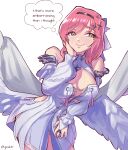  1girl absurdres angel_wings artist_name bare_shoulders blush breasts cleavage commentary cosplay detached_sleeves dress embarrassed english_commentary english_text feathered_wings green_eyes hanazono_hahari hand_on_own_cheek hand_on_own_face highres jpsklr kimi_no_koto_ga_dai_dai_dai_dai_daisuki_na_100-nin_no_kanojo large_breasts leaning_forward long_hair long_sleeves looking_at_viewer mature_female mole mole_under_eye pink_hair remielle_dan remielle_dan_(cosplay) short_dress simple_background smile solo speech_bubble sweat tassel thaumiel_(zenless_zone_zero) thought_bubble twitter_username white_background white_dress white_wings wings zenless_zone_zero 