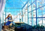  1girl bird black_boots black_ribbon blue_bow blue_capelet blue_hairband blue_skirt blue_sky book boots bow bow_hairband braid braided_twintails brown_eyes brown_hair bush capelet cloud cloudy_sky commentary_request day fantasy full_body garutaisa grin hairband high-waist_skirt holding holding_book indoors lantern long_hair long_sleeves magic neck_ribbon open_book open_window original pile_of_books ribbon scenery shadow shirt sitting skirt sky smile solo suitcase transformation watermark white_bird white_shirt window wooden_floor 