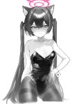  1girl absurdres animal_ear_fluff animal_ears arm_behind_back bare_arms bare_shoulders blue_archive blush breasts cat_ears cat_girl closed_mouth commentary greyscale hair_between_eyes halo hand_on_own_hip highleg highleg_leotard highres leotard long_hair medium_breasts monochrome nontraditional_playboy_bunny pantyhose pink_halo rokun serika_(blue_archive) solo strapless strapless_leotard thighband_pantyhose twintails very_long_hair wrist_cuffs 