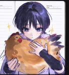  1boy animal armor bird black_hair blue_pupils blunt_ends blush_stickers chicken choppy_bangs cnorkie eyeliner genshin_impact hair_intakes hands_up highres holding holding_animal japanese_armor japanese_clothes kariginu kote kurokote light_blush looking_at_animal makeup male_focus multicolored_hair parted_lips purple_eyes purple_hair red_eyeliner scaramouche_(genshin_impact) scaramouche_(kabukimono)_(genshin_impact) see-through_body signature sketch solo streaked_hair tsurime twitter_username upper_body white_mouth 