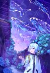  1boy ahoge aqua_eyes aqua_hair arm_at_side backpack bag blue_flower bush coat commentary_request cool_colors creature creature_on_shoulder double-parted_bangs flower flying_whale hand_up highres hydrangea ito_yoshi long_sleeves looking_to_the_side night on_shoulder open_mouth original outdoors overgrown purple_sky rain scenery short_hair sky tree upper_body whale white_coat yellow_bag 