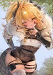  1girl :q ;q ahoge arm_behind_back asymmetrical_legwear bandaged_arm bandaged_leg bandages bell black_collar black_shorts black_thighhighs blonde_hair blush bodysuit breasts brown_jacket chest_sarashi chest_strap clenched_hand clio_(mssclio) collar commentary cowboy_shot cropped_jacket dark-skinned_female dark_skin double-parted_bangs english_commentary facial_tattoo finger_to_face foliage fur-trimmed_jacket fur_trim goldentatsu_(vtuber) head_tilt high_ponytail highres horns indie_virtual_youtuber jacket long_hair long_sleeves looking_at_viewer loose_hair_strand messy_hair mismatched_legwear navel neck_bell o-ring o-ring_thigh_strap one_eye_closed orange_eyes pointing pointy_ears ponytail pouch sarashi see-through_bodysuit see-through_cleavage see-through_clothes short_shorts shorts skindentation small_breasts solo stomach tail tattoo thigh_pouch thigh_strap thighhighs tongue tongue_out tree tsurime underboob virtual_youtuber white_fur 
