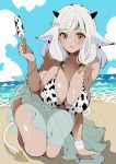  1girl alternate_costume animal_ears animal_print aqua_sarong arm_support armpit_crease ash_(fire_emblem) bare_arms bare_shoulders beach bikini black_horns blue_sky blush bracelet breasts brown_eyes cleavage cloud cow_ears cow_girl cow_horns cow_print cow_print_bikini cow_tail dark-skinned_female dark_skin day dot_nose fe135700 fire_emblem fire_emblem_heroes food grey_hair highres holding holding_food holding_popsicle horns huge_breasts jewelry kneeling long_hair looking_at_viewer ocean open_mouth outdoors popsicle print_bikini sand sarong see-through_clothes see-through_sarong shiny_skin sideboob skindentation sky solo swimsuit tail thick_thighs thighs water 