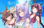  3girls animal_ears bare_shoulders bikini blue_sky blunt_bangs blush breasts brown_hair closed_mouth cloud dress dress_swimsuit ear_flower flower fukunedayo hair_between_eyes hair_flower hair_ornament hand_puppet horse_ears horse_girl jewelry long_hair looking_at_viewer lucky_lilac_(umamusume) marche_lorraine's_puppet marche_lorraine_(umamusume) mejiro_mcqueen_(fair_lady_of_the_waves)_(umamusume) mejiro_mcqueen_(umamusume) multicolored_hair multiple_girls necklace official_alternate_costume one_eye_closed open_mouth outdoors puppet purple_bikini purple_eyes purple_hair red_bikini short_hair side_ponytail sky small_breasts smile swimsuit umamusume unfinished wet 
