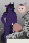animal_genitalia animal_penis anthro black_hair bluevanilla_(artist) bodily_fluids chest_tuft cum cum_in_penis cum_inside cum_splatter dipstick_horn duo english_text equid equine equine_genitalia equine_penis eyes_closed facial_hair genital_fluids genitals gloves_(marking) goatee gradient_background grey_stripes hair hair_over_eyes hands_on_hips hi_res horn horse leaning_on_hand leg_markings male male/male mammal markings mottled mottled_genitalia mottled_penis multicolored_horn narrowed_eyebrows navel open_mouth open_smile penetration penile penile_penetration penis penis_in_penis penis_size_difference purple_body purple_tongue sex simple_background smile socks_(marking) spermicidal_takeover stripes text tongue tuft urethral urethral_penetration white_body zebra