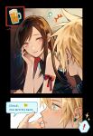 ! 1boy 1girl ^^^ alcohol arm_ribbon bare_shoulders beer beer_mug black_hair blonde_hair blue_eyes blush brown_hair closed_mouth cloud_strife commentary couple cup earrings elbow_rest english_text fenrir_(ff7) final_fantasy final_fantasy_vii final_fantasy_vii:_advent_children from_side hand_on_another's_cheek hand_on_another's_face heart hetero highres hrfa_2222 jewelry long_hair looking_at_another mug profile red_eyes red_ribbon ribbon ring shirt short_hair sleeveless sleeveless_shirt smile sparkle speech_bubble spiked_hair stud_earrings surprised swept_bangs tifa_lockhart untranslatable_commentary upper_body 