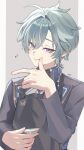  1boy absurdres ahoge apron belt belt_collar black_belt blue_shirt border choker coat collar collared_shirt commentary_request crossed_bangs double-parted_bangs earrings genshin_impact green_hair grey_background hair_between_eyes hair_intakes highres jewelry licking licking_finger licking_own_finger lohen_(genshin_impact) long_sleeves looking_at_viewer male_focus mamezara mole mole_under_eye multicolored_eyes musical_note plate shirt short_hair signature single_earring solo tongue tongue_out white_border yakousei_ookami 