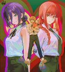  1boy 2girls animal_hug armpit_crease arms_behind_back artist_logo bare_shoulders black_choker black_necktie black_pants black_shorts blonde_hair blush braid braided_ponytail breasts chainsaw_man choker commentary_request cowboy_shot denji_(chainsaw_man) dress_shirt green_eyes hair_between_eyes hair_over_shoulder lipgloss logo long_hair makima_(chainsaw_man) medium_breasts medium_hair mery_(yangmalgage) multiple_girls neck_ribbon necktie orange_hair pants pochita_(chainsaw_man) purple_hair reze_(chainsaw_man) ribbon ringed_eyes shirt shirt_tucked_in short_hair shorts sidelocks sleeveless sleeveless_shirt smile updo yellow_eyes 