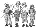 4girls absurdres ahoge boots commentary_request full_body glasses gloves greyscale hand_on_own_hip hands_on_own_hips highres huge_ahoge jumpsuit jumpsuit_around_waist kantai_collection kuma_(kancolle) long_hair looking_at_viewer mochizuki_(kancolle) monochrome multiple_girls overalls ponytail samusara wrench yura_(kancolle) yuubari_(kancolle) 