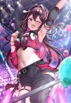  1girl absurdres armpits asymmetrical_clothes asymmetrical_pants asymmetrical_sleeves azki_(hololive) balloon belt black_belt black_hair black_pants breasts center_frills colored_inner_hair commentary concert confetti cropped_shirt detached_sleeves fang frills from-moon glowstick hair_ornament hair_ribbon heart_balloon highres hololive indoors lens_flare long_hair midriff mismatched_sleeves mole mole_under_eye multicolored_hair navel one_eye_closed open_mouth pants pink_eyes pink_hair pink_shirt puffy_detached_sleeves puffy_sleeves ribbon shirt single_pantsleg solo stage_lights streaked_hair virtual_youtuber white_hair white_ribbon 