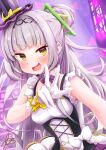  1girl :d absurdres bangs blunt_bangs blush breasts dress gloves hair_bun hair_ornament hairband hat highres hololive kairono3jou long_hair looking_at_viewer murasaki_shion open_mouth purple_hair sleeveless sleeveless_dress small_breasts smile solo top_hat virtual_youtuber w white_gloves yellow_eyes 