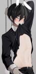  1boy absurdres agamemega animal_ears arm_behind_head black_hair black_pants black_shirt blush buttons chain clothes_in_mouth clothes_lift collar collared_shirt commentary_request cowboy_shot ear_piercing fake_animal_ears grey_background hair_between_eyes highres holding kogane-kun_(agamemega) long_sleeves male_focus mole mole_under_eye mouth_hold multiple_moles navel nose open_fly original pants piercing playboy_bunny rabbit_ears red_eyes shirt shirt_in_mouth shirt_lift short_hair simple_background solo stomach sweat sweatdrop white_collar 