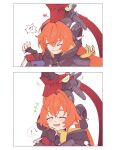  ! !? 1girl asymmetrical_gloves black_gloves black_shrug closed_eyes commentary_request dragon_girl fingerless_gloves gloves hair_between_eyes highres horns light_blush magus_(zenless_zone_zero) mask mechanical_horns mechanical_tail mismatched_gloves orange_hair orphie_magnusson pointy_ears ranta000 shrug_(clothing) smile tail white_background yellow_gloves zenless_zone_zero 
