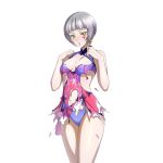  1girl :o blunt_bangs blush bob_cut breasts breasts_apart chinese_clothes cleavage_cutout clothing_cutout cowboy_shot cross cross_facial_mark dress earrings embarrassed facial_mark floral_print floral_print_dress game_asset green_eyes grey_hair hands_up ikkitousen ikkitousen_extra_burst jewelry koshaji_(ikkitousen) looking_at_viewer magatama magatama_earrings marking_on_cheek medium_breasts navel non-web_source nose_blush official_art panties parted_lips pink_dress print_dress purple_panties qipao self-datamine short_hair simple_background skirt sleeveless sleeveless_dress slit_pupils solo torn_clothes torn_dress torn_skirt transparent_background underboob underwear variant_set 