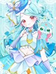  2girls absurdres aqua_hair blue_bow blue_bowtie blue_hair blue_hat blue_ribbon blue_skirt blue_tube_top boater_hat bow bow_earrings bowtie breasts bridal_gauntlets brooch butterfly_hat_ornament chibana_sora closed_mouth commentary_request cure_eclair diamond_earrings earrings gradient_hair hand_up hat hat_ornament hat_ribbon heart heart_brooch highres howa_kurea jewelry long_hair looking_at_viewer magical_girl meitantei_precure! midriff multicolored_hair multiple_girls navel overskirt precure purple_bridal_gauntlets red_eyes ribbon shushu-tan skirt small_breasts smile strapless tube_top two-tone_hair upper_body very_long_hair 