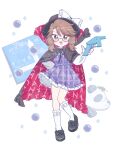  1girl absurdres arm_behind_back black_bow black_bowtie black_cape black_hat black_shoes blush bow bowtie brown_eyes brown_hair cape clothes_writing collared_shirt commentary_request defense_distributed_liberator finger_on_trigger footwear_bow frilled_bow frills full_body gensokyo gun handgun hasuda_suzu hat hat_bow highres holding holding_gun holding_weapon kneehighs leaf long_sleeves looking_at_viewer low_twintails medium_hair occult_ball open_mouth panda purple_nails purple_skirt purple_vest red_cape runes shirt shoes skirt skirt_set smile socks solo star_(symbol) touhou translation_request twintails two-sided_cape two-sided_fabric usami_sumireko vest watermark weapon white_background white_bow white_shirt white_socks 