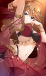  1girl ahoge armband armpits arms_up bare_arms belly_dancing black_shorts blue_eyes bracelet breasts brown_hair chain cleavage commentary_request gold_armband gold_bracelet harem_outfit highres idolmaster idolmaster_million_live! idolmaster_million_live!_theater_days jewelry large_breasts legs_apart long_hair looking_at_viewer mikapoe navel official_alternate_costume open_mouth see-through_clothes shorts solo stomach tokoro_megumi 