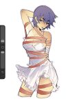  1girl arm_behind_back arm_behind_head art_program_in_frame bandaged_arm bandages black_dress blue_hair bound breasts cleavage commentary dress english_commentary floating_clothes frilled_dress frills highres kanbaru_suruga large_breasts looking_at_viewer monogatari_(series) notcrusty one_eye_closed orange_hair pajamas posing red_ribbon ribbon ribbon_around_body ribbon_bondage short_hair simple_background solo tongue tongue_out white_background white_pajamas 