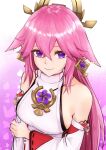  1girl animal_ear_earrings bare_shoulders black_trim breasts closed_mouth collarbone commentary_request detached_sleeves double-parted_bangs dress earrings ears_down genshin_impact gradient_background hair_between_eyes hand_on_own_arm highres impossible_clothes impossible_dress jewelry large_breasts long_hair looking_at_viewer making-of_available melgrad31 pink_background pink_hair pink_lips procreate_(medium) purple_eyes red_sleeves skindentation sleeveless sleeveless_dress smile solo two-tone_sleeves white_background white_dress white_sleeves yae_miko 