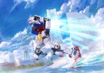  building commentary_request copyright_notice ferris_wheel from_side gundam mecha mecha_focus mobile_suit_gundam no_humans ocean official_art outdoors profile realistic robot rx-78-2_gundam science_fiction solo splashing thrusters v-fin waves yellow_eyes yokohama you_shimizu 