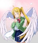  1girl ahoge angel angel_wings blonde_hair blue_skirt blush bocchi_the_rock! bow bowtie braid braided_base closed_eyes closed_mouth collar collared_shirt commentary detached_ahoge falling_feathers feathered_wings feathers green_jacket high_side_ponytail highres ijichi_nijika jacket light_blush long_hair pleated_skirt polka_dot polka_dot_bow polka_dot_bowtie praying red_bow red_bowtie school_uniform shimokitazawa_high_school_uniform shirt side_ponytail side_ponytail_with_braided_base sim_evo simple_background skirt smile solo thighs white_feathers white_shirt wings 