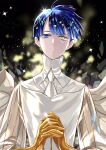  1other androgynous blue_eyes blue_hair commentary_request dripping golden_arms heterochromia high_collar highres houseki_no_kuni looking_at_viewer necktie phosphophyllite_(ll) sharumon shirt solo upper_body white_necktie white_shirt yellow_eyes 