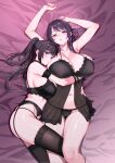  2girls absurdres arm_garter armpit_crease armpits arms_up babydoll black_arm_garter black_babydoll black_bra black_garter_belt black_panties black_scrunchie black_thighhighs bra breasts brown_hair choker cleavage closed_mouth commentary_request fingernails from_above gamerag garter_belt groin hair_intakes hair_ornament hair_scrunchie high_ponytail highres hug hug_from_side huge_breasts lace-trimmed_babydoll lace-trimmed_thighhighs lace_garter_belt lace_trim leg_around_another's_leg lingerie long_hair lying midriff mole mole_under_mouth mother_and_child mother_and_daughter multiple_girls navel on_back on_bed on_side original panties parent_and_child pink_lips pink_nails ponytail purple_eyes purple_hair red_choker scrunchie shiny_skin sideboob sidelocks sideways_glance skindentation string_panties swept_bangs thighhighs thighs underwear underwear_only 