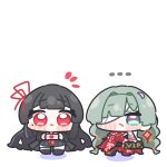  ... 2girls bandage_over_one_eye black_hair black_jacket black_shirt black_skirt blush braid chibi chibi_only chisa_(wuthering_waves) closed_mouth commentary_request earrings envelope green_hair hair_ribbon highres holding holding_envelope jacket jewelry long_hair love_letter mole mole_under_eye multiple_girls necktie open_clothes open_jacket phrolova_(wuthering_waves) pleated_skirt red_eyes red_necktie red_ribbon ribbon shirt skirt syurikenmaru twin_braids white_background wuthering_waves 