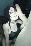  1boy 1girl ass bare_shoulders black_hair blender_(medium) breasts cassie_ramirez_(andava) choker cleavage covered_nipples crazy_eyes crazy_smile erection evil_smile highres holding indoors large_penis looking_at_viewer messy_hair navel no_panties original out_of_frame pale_skin penis penis_on_cheek sitting smile sweater testicles thighs undead_h34d 
