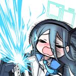  1girl aqua_halo aris_(blue_archive) ayanami_barrage_(meme) black_hair black_hairband black_jacket blue_archive blue_jacket blue_necktie blush closed_eyes collared_shirt commentary_request double-parted_bangs energy_beam facing_ahead hair_between_eyes hairband halo jacket korean_commentary long_hair long_hair_between_eyes meme multi-source_commentary necktie no_nose nose_blush open_clothes open_jacket open_mouth peanut_mouth railgun raised_inner_eyebrows rectangular_halo redrawn shirt simple_background solo two-sided_fabric two-sided_jacket upper_body white_background white_shirt yoowaru 