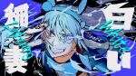  1girl absurdres animal_ears blue_eyes blue_hairband blue_jacket blue_sports_bra commentary_request ear_covers electric_eyes electricity fang fingerless_gloves gloves grey_hair hair_between_eyes hairband headband highres horse_ears horse_girl horse_tail jacket lightning_bolt_print lightning_bolt_symbol long_hair long_sleeves open_mouth pants running smile sports_bra tail tamamo_cross_(fast_as_lightning)_(umamusume) tamamo_cross_(umamusume) teeth umamusume usujio very_long_hair white_pants 