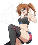  1girl arm_up armpit_crease armpits bare_arms bare_shoulders belt black_boots black_bra black_choker blue_belt boots bra breasts brown_hair choker cleavage commentary_request glasses hand_on_own_head highres lyrical_nanoha mahou_shoujo_lyrical_nanoha_exceeds:_gun_blaze_vengeance medium_breasts open_mouth oshimaru026 ponytail purple_eyes race_queen reference_inset short_shorts shorts side_ponytail simple_background solo stomach strapless strapless_bra takamachi_nanoha thigh_boots underwear white_background 