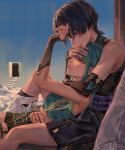  1boy 1girl arm_up armor black_bow black_bridal_gauntlets black_hair black_shorts blunt_bangs blunt_ends bow breasts bridal_gauntlets character_request choppy_bangs commentary couple eyeliner fingernails genshin_impact gold_ring green_hair green_nails green_tube_top grey_eyes hakama hakama_shorts hand_on_another's_head hand_on_own_stomach headlock hetero highres japanese_armor japanese_clothes kote kurokote leaning_on_person leg_warmers legwear_garter lic_617 looking_at_another lower_eyelashes_only lying_on_person makeup medium_hair middle_ring midriff oc_x_canon original pleated_shorts purple_eyes purple_rope purple_sash red_eyeliner rope sash scaramouche_(genshin_impact) short_shorts shorts single_bare_shoulder sitting small_breasts strapless tsurime tube_top untranslatable_commentary wanderer_(genshin_impact) white_leg_warmers 
