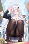  2boys 2girls absurdres ahoge antenna_hair black_jacket black_panties blush breasts brown_pantyhose brown_shoes button_gap cleavage commentary_request condom condom_wrapper crowd hair_ornament highres holding holding_condom jacket large_breasts loafers long_hair looking_at_viewer multiple_boys multiple_girls niliu_chahui open_mouth original panties panties_under_pantyhose pantyhose pantyshot purple_skirt red_eyes school_uniform shirt shoes skirt squatting thighband_pantyhose tokisaki_mio_(niliu_chahui) underwear white_shirt 