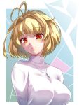  1girl antenna_hair arcueid_brunestud bangs blonde_hair blush breasts closed_mouth commentary_request fang head_tilt highres jewelry kirimoto_takamitsu large_breasts long_sleeves looking_at_viewer necklace red_eyes short_hair sidelocks smile solo standing sweater tsukihime tsukihime_(remake) turtleneck turtleneck_sweater twitter_username upper_body white_sweater 
