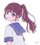  1girl bangs blue_eyes blue_sailor_collar bright_pupils brown_hair highres long_hair nokanok original ponytail sailor_collar shadow shirt short_sleeves signature simple_background solo white_background white_pupils white_shirt 