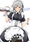  1girl absurdres apron artist_name assault_lily august back_bow black_dress black_pantyhose blush bow breasts collared_dress commentary_request cowboy_shot cup dress enmaided flying_sweatdrops frilled_apron frills grey_hair hands_up hashtag hata_matsuri highres holding holding_tray leg_up looking_at_viewer maid medium_breasts medium_hair open_mouth pantyhose puffy_short_sleeves puffy_sleeves purple_eyes senri_(senri03151221) short_sleeves simple_background solo spoon standing standing_on_one_leg teacup teapot teeth translated tray underbust upper_teeth_only w_arms waist_apron white_apron white_background white_bow wrist_cuffs 