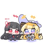  ... 2girls :3 black_gloves black_hair black_skirt blonde_hair blue_eyes blush_stickers bow chibi chibi_only chisa_(wuthering_waves) closed_mouth commentary_request dress gloves hair_bow hair_ornament hair_ribbon hat highres long_hair mole mole_under_eye multiple_girls open_mouth phoebe_(wuthering_waves) red_eyes ribbon simple_background skirt smile standing syurikenmaru very_long_hair white_background white_dress white_hat wuthering_waves x_hair_ornament 