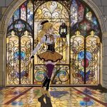  1girl beret black_corset black_gloves black_hat blonde_hair boots breasts commentary corset detached_sleeves drill_hair fingerless_gloves full_body gloves hat highres holding holding_lantern knee_boots lantern magical_girl mahou_shoujo_madoka_magica mahou_shoujo_madoka_magica_(anime) profile puffy_short_sleeves puffy_sleeves short_sleeves skirt solo stained_glass standing striped_clothes striped_thighhighs thighhighs tomoe_mami tomoe_mami_(magical_girl) toshin370312 twin_drills yellow_eyes yellow_skirt 