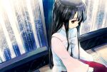  1girl bamboo black_hair blouse bow bowtie closed_mouth from_above from_side glass_door houraisan_kaguya indoors kaito_(k4itoh) long_hair long_sleeves looking_at_viewer on_floor pink_shirt profile red_eyes red_skirt shirt sideways_glance sitting skirt sliding_doors solo tatami touhou white_bow white_bowtie 