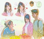  1boy 2girls apple apron backpack bag blue_dress blush blush_stickers breasts cardigan collared_shirt dress english_text eren_yeager food fruit fruit_stand furrowed_brow grey_eyes grey_hair grey_shirt hair_between_eyes head_on_hands headscarf lacampanule long_hair looking_at_another medium_breasts mikasa_ackerman mole mole_on_cheek multiple_girls old old_woman orange_apron parted_bangs pink_cardigan scar scar_on_cheek scar_on_face shingeki_no_kyojin shirt short_hair sleeves_rolled_up smirk undercut updo upper_body white_shirt 