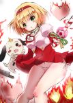  1boy 1girl :o animal animal_ears blonde_hair blush bob_cut body_blush breasts candy candy_apple candy_cane commentary_request cropped_jacket dai_mahou_touge dress fire food green_eyes green_ribbon hairband highres holding holding_candy_apple holding_food holding_wand horns jewelry knife looking_at_viewer magical_girl mazeru_(jisjifin) necklace nose_blush panties pantyshot paya-tan puffy_short_sleeves puffy_sleeves red_dress red_hairband ribbon short_hair short_sleeves single_horn small_breasts tanaka_punie underwear wand 