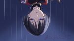  1boy black_background black_bodysuit black_hair black_kimono blunt_ends bodysuit bright_pupils commentary_request covered_collarbone eyeliner falling genshin_impact gold highres japanese_clothes jewelry juban kimono looking_at_viewer makeup male_focus mandarin_collar motion_lines neck_ring open_mouth purple_eyes purple_rope red_eyeliner red_kimono rope scaramouche_(genshin_impact) scaramouche_(harbinger)_(genshin_impact) shimenawa shizuku1473 single_sode solo straight-on tsurime twitter_username upside-down white_kimono white_pupils white_rope wispy_bangs 