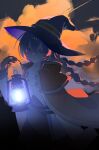  1girl 780laoshi :o blue_eyes blue_hair braid brown_cape cape chinese_commentary cloud commentary_request crossed_bangs evening hair_between_eyes hat highres holding holding_lantern lantern large_hat long_hair long_sleeves looking_at_viewer mushoku_tensei roxy_migurdia sky solo twin_braids witch_hat 