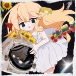  1girl artist_request astronaut black_background blonde_hair blue_eyes blush earth_(planet) flower helmet holding holding_unworn_helmet lowres original planet shirt solo space_helmet sunflower toy_block toy_train unworn_headwear unworn_helmet white_shirt 