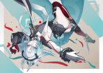  1girl absurdres animal_ears arcane_(arknights) arched_back arknights arknights:_endfield belt belt_pouch bird_ears bird_girl black_boots blue_eyes boots braid breasts bug butterfly cape chinese_commentary commentary dynamic_pose elbow_gloves facial_mark feimaobushuomiao forehead_mark foreshortening gloves gradient_hair grey_hair groin half_up_braid head_wings headgear high-waist_belt highres hood hood_down hooded_cape jumping leotard long_hair medium_breasts midair multicolored_gloves multicolored_hair parted_lips pelvic_curtain ponytail pouch red_thighhighs solo somersault sword_fingers thighhighs two-sided_cape two-sided_fabric two-tone_gloves upside-down walkie-talkie wings 