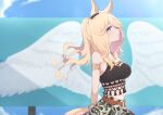  1girl absurdres animal_ears armlet bare_shoulders belt bikini black_bikini blonde_hair blue_eyes blue_sky blush boho-chic breasts brown_belt chahiro commentary_request ear_ornament floral_print floral_print_skirt gold_armlet gold_city_(boho_flare)_(umamusume) gold_city_(umamusume) highres horse_ears horse_girl horse_tail jewelry medium_breasts midriff necklace official_alternate_costume official_alternate_hairstyle outdoors parted_lips ponytail print_skirt skirt sky solo swimsuit tail umamusume wings yellow_tail 
