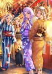  4girls absurdres bangs blonde_hair blue_eyes braid commission commissioner_upload fire_emblem fire_emblem:_the_blazing_blade fire_emblem_awakening fire_emblem_fates fireworks florina_(fire_emblem) full_body grey_eyes grey_hair highres huge_filesize japanese_clothes lissa_(fire_emblem) long_hair looking_at_viewer multiple_girls nina_(fire_emblem) ophelia_(fire_emblem) purple_hair twin_braids wawatiku 